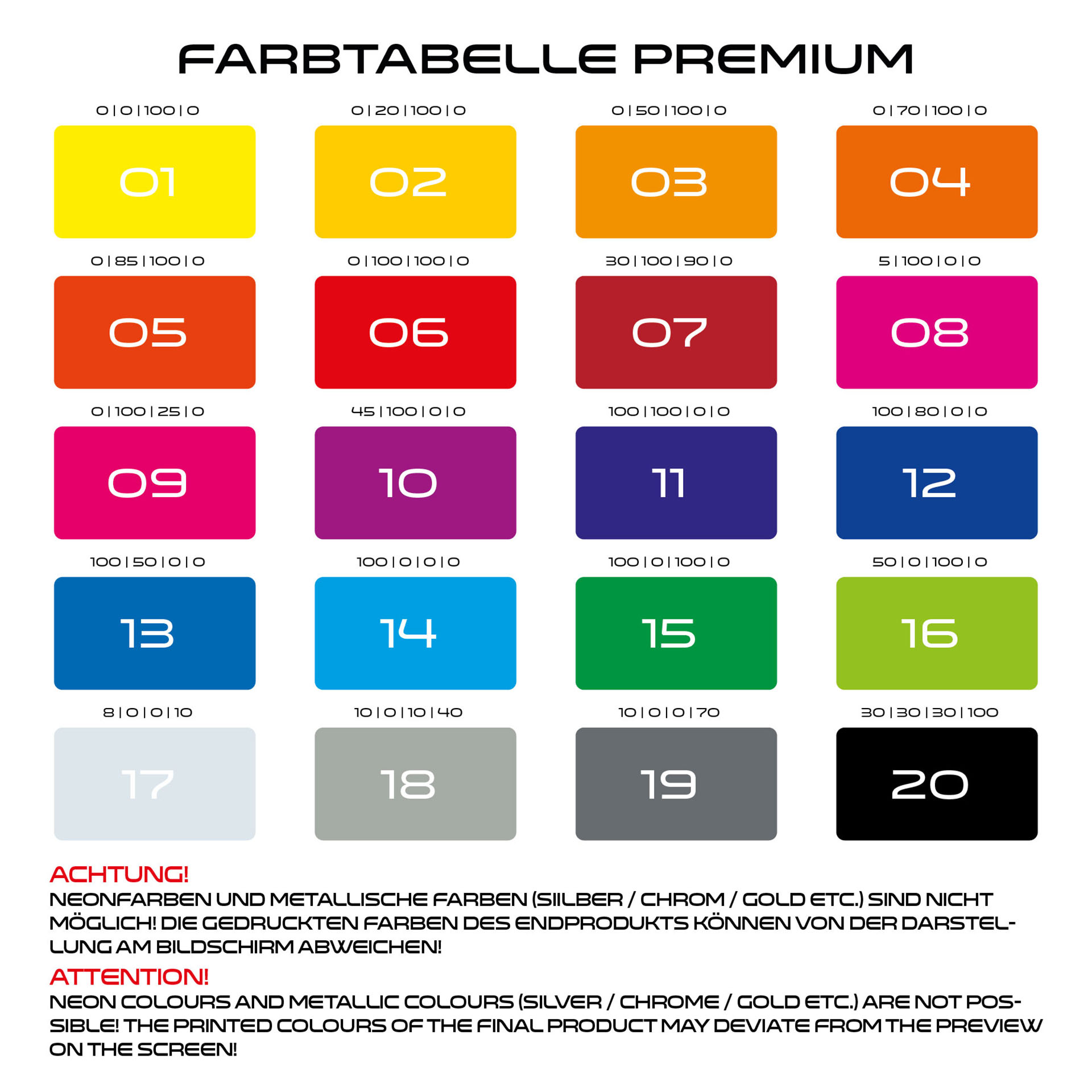 Renngrib V3 Felgenaufkleber Premium Farbtabelle Premium Wheelsticker