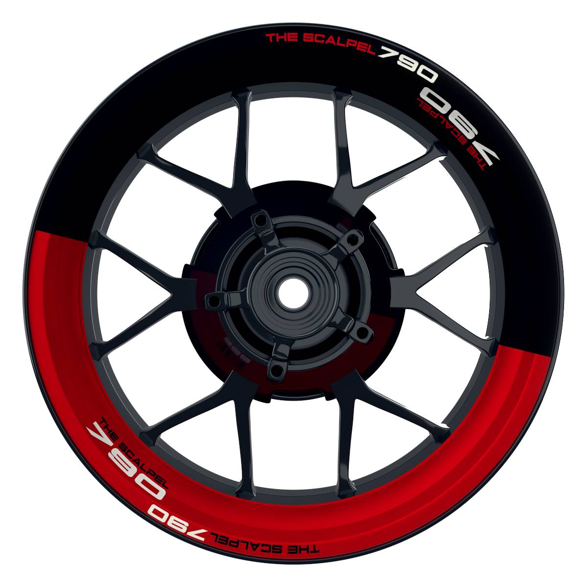 THE SCALPEL 790 halb halb schwarz rot Wheelsticker Felgenaufkleber