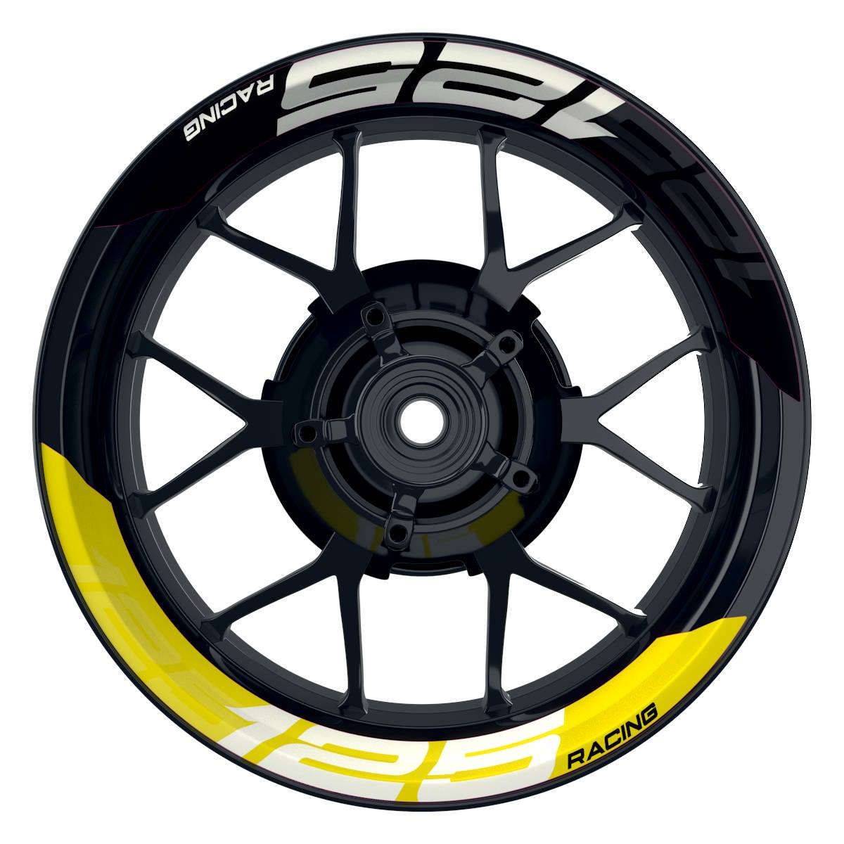 Wheelsticker Felgenaufkleber KTM Racing 125 halb halb V2 schwarz gelb Frontansicht