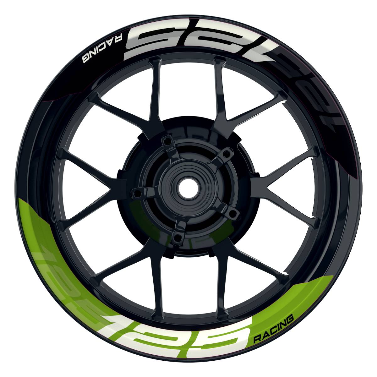 Wheelsticker Felgenaufkleber KTM Racing 125 halb halb V2 schwarz gruen Frontansicht