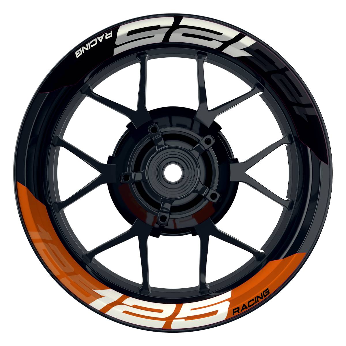 Wheelsticker Felgenaufkleber KTM Racing 125 halb halb V2 schwarz orange Frontansicht