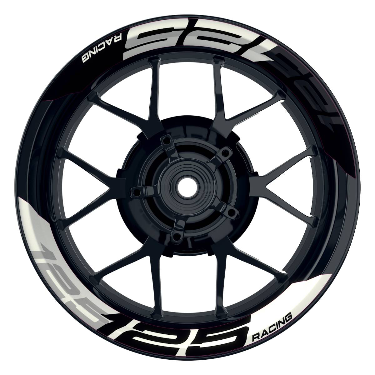 Wheelsticker Felgenaufkleber KTM Racing 125 halb halb V2 schwarz weiss Frontansicht