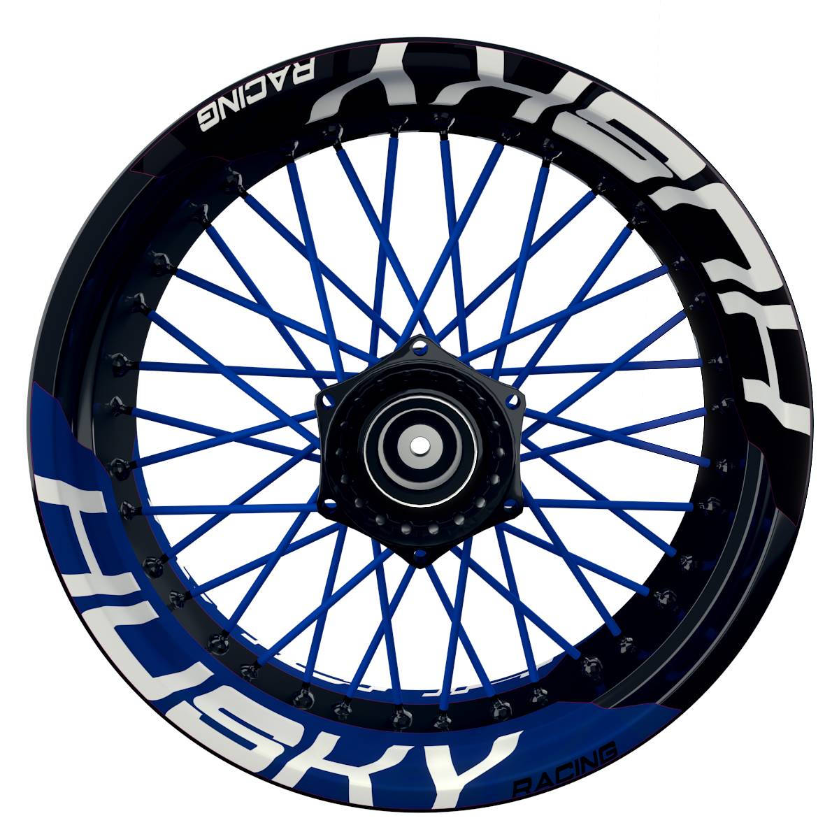 Wheelsticker Felgenaufkleber HUSKY Racing halb halb V2 schwarz blau Frontansicht