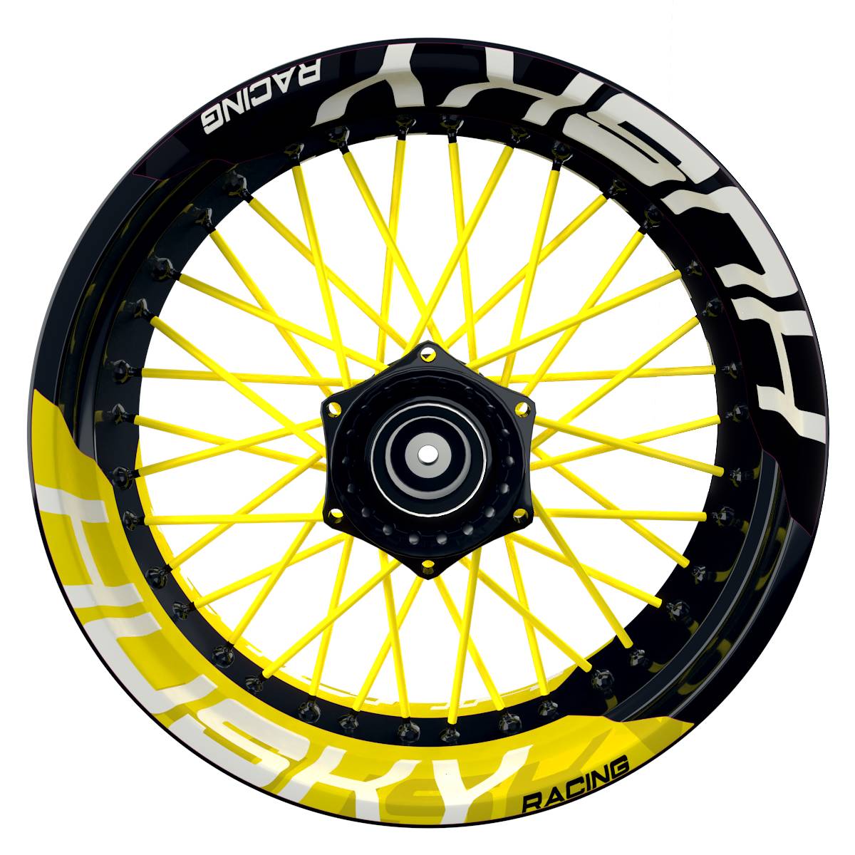 Wheelsticker Felgenaufkleber HUSKY Racing halb halb V2 schwarz gelb Frontansicht