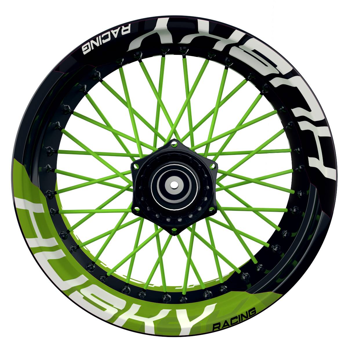 Wheelsticker Felgenaufkleber HUSKY Racing halb halb V2 schwarz gruen Frontansicht