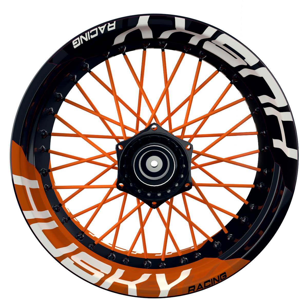 Wheelsticker Felgenaufkleber HUSKY Racing halb halb V2 schwarz orange Frontansicht