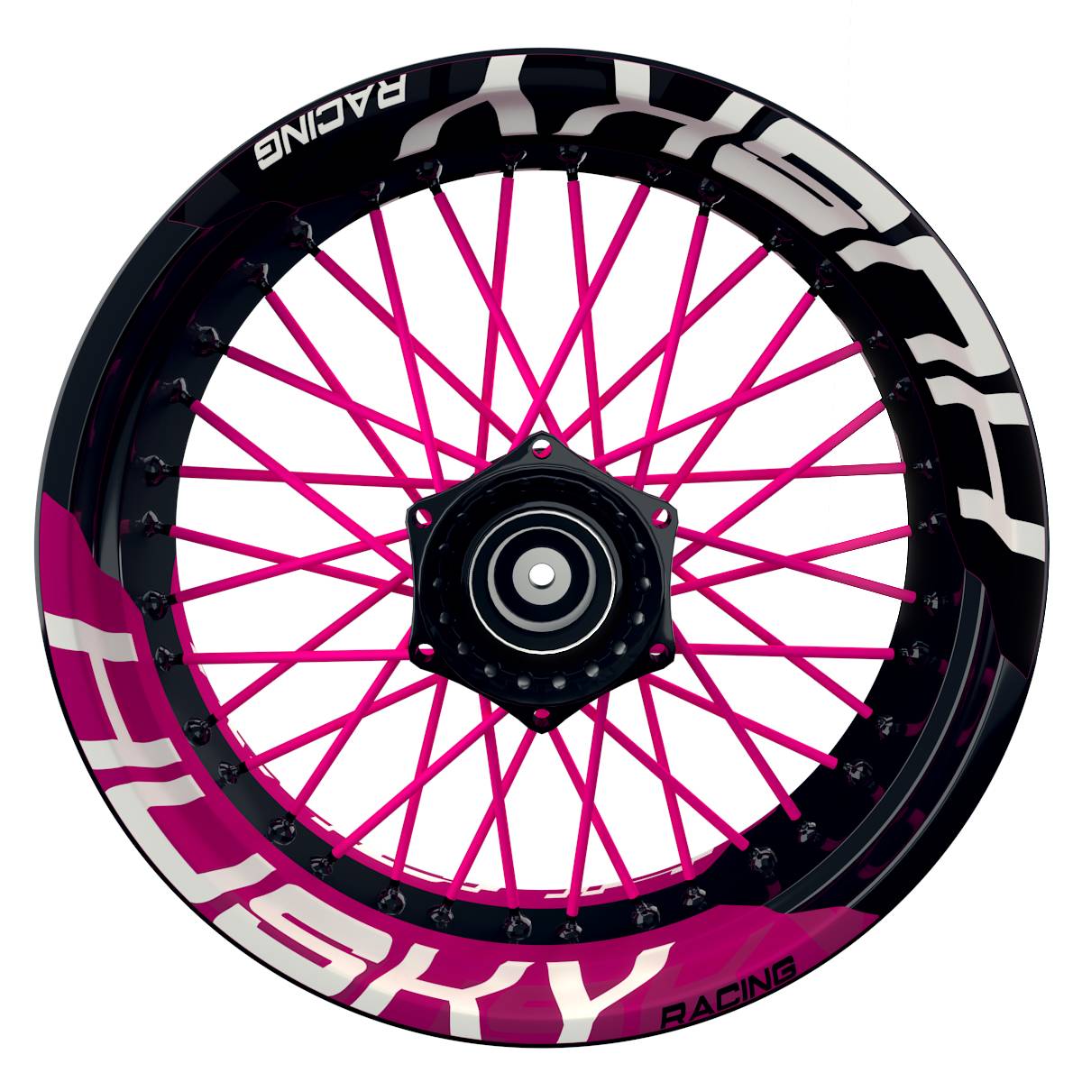 Wheelsticker Felgenaufkleber HUSKY Racing halb halb V2 schwarz pink Frontansicht