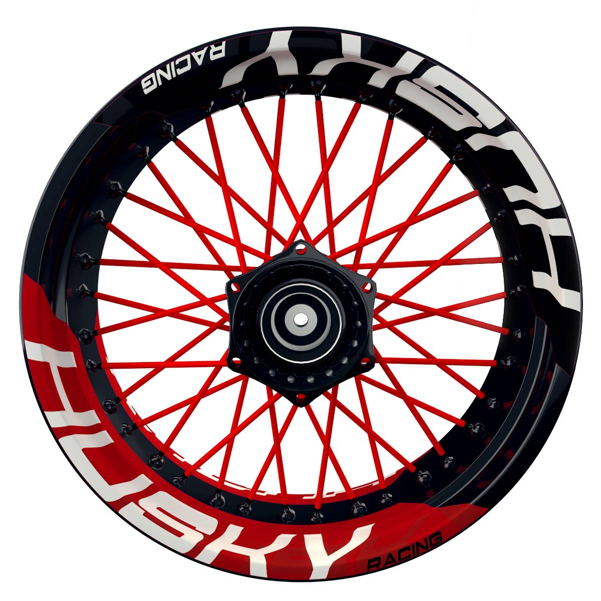 Wheelsticker Felgenaufkleber HUSKY Racing halb halb V2 schwarz rot Frontansicht