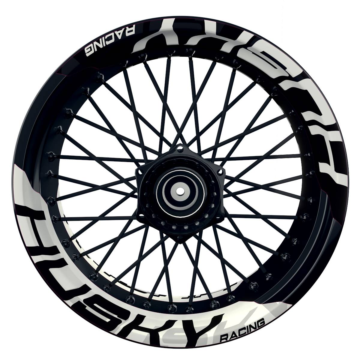 Wheelsticker Felgenaufkleber HUSKY Racing halb halb V2 schwarz weiss Frontansicht