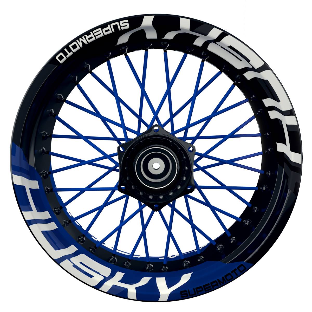 Wheelsticker Felgenaufkleber HUSKY Supermoto halb halb V2 schwarz blau Frontansicht