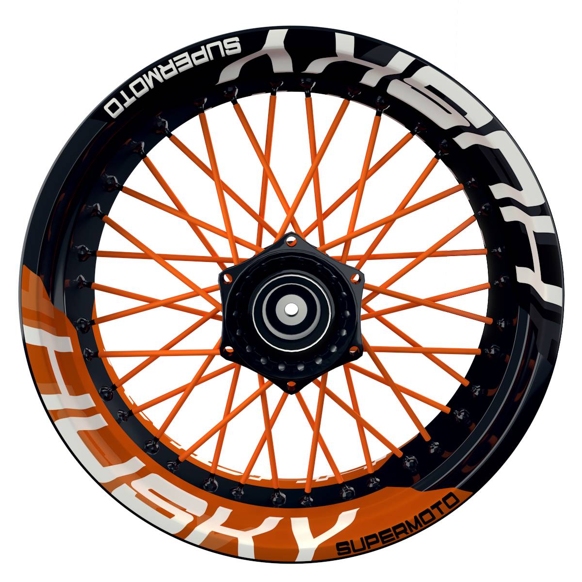 Wheelsticker Felgenaufkleber HUSKY Supermoto halb halb V2 schwarz orange Frontansicht