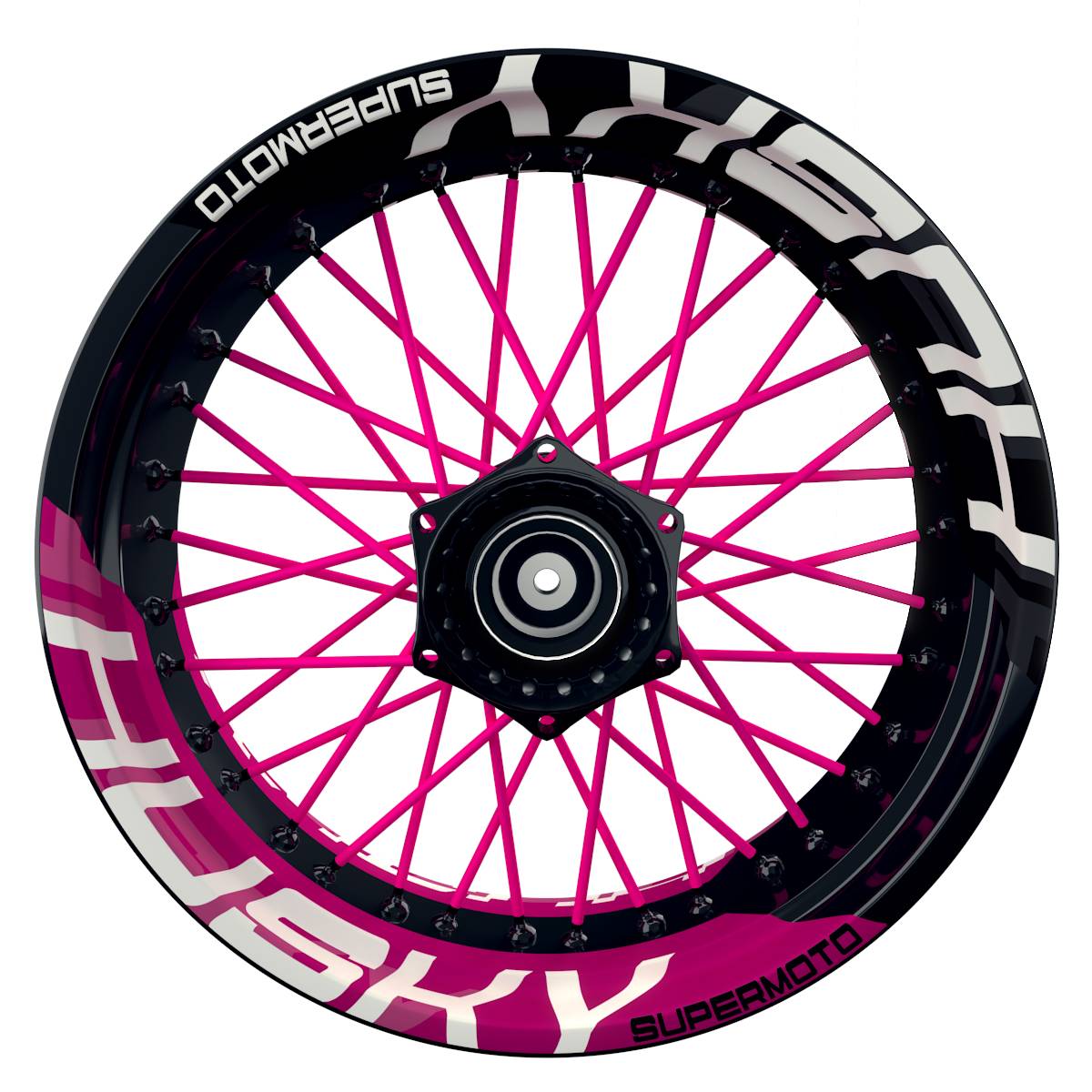 Wheelsticker Felgenaufkleber HUSKY Supermoto halb halb V2 schwarz pink Frontansicht