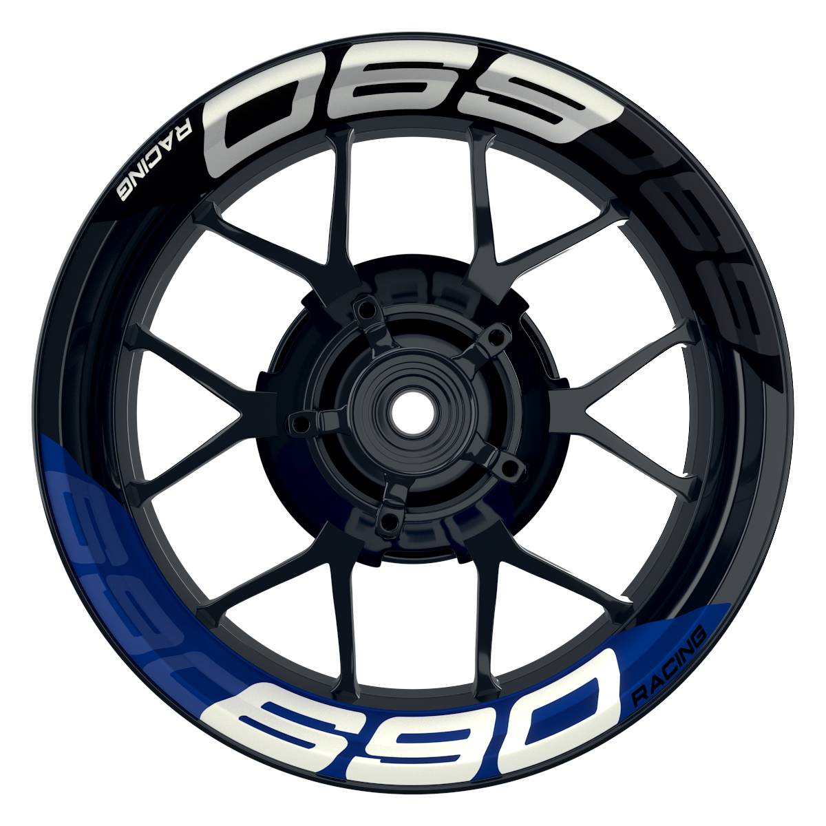 Wheelsticker Felgenaufkleber KTM Racing 690 halb halb V2 schwarz blau Frontansicht