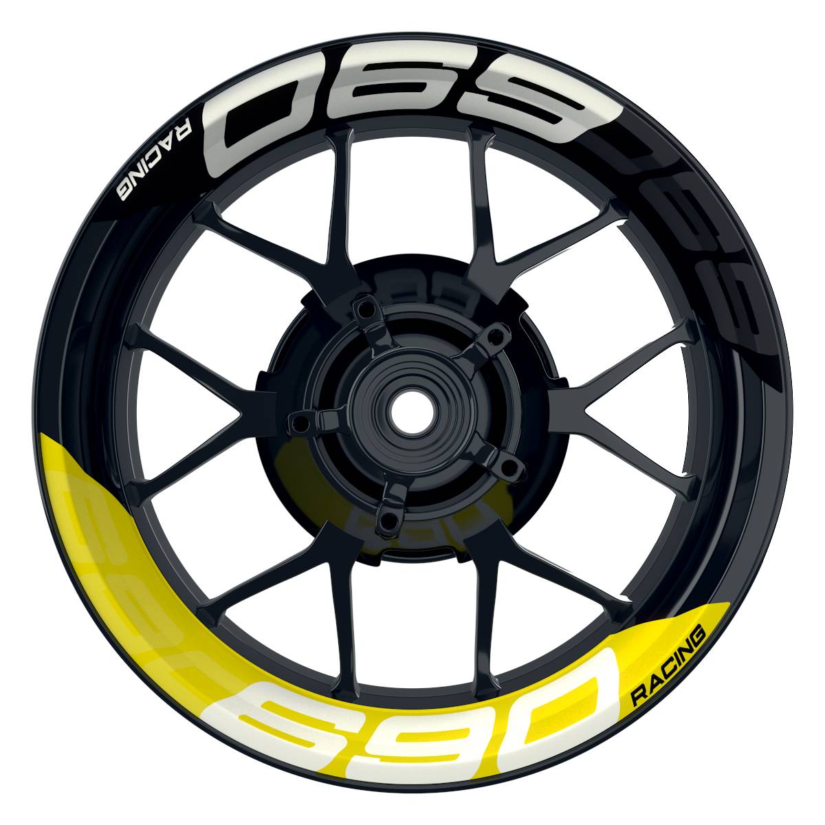 Wheelsticker Felgenaufkleber KTM Racing 690 halb halb V2 schwarz gelb Frontansicht