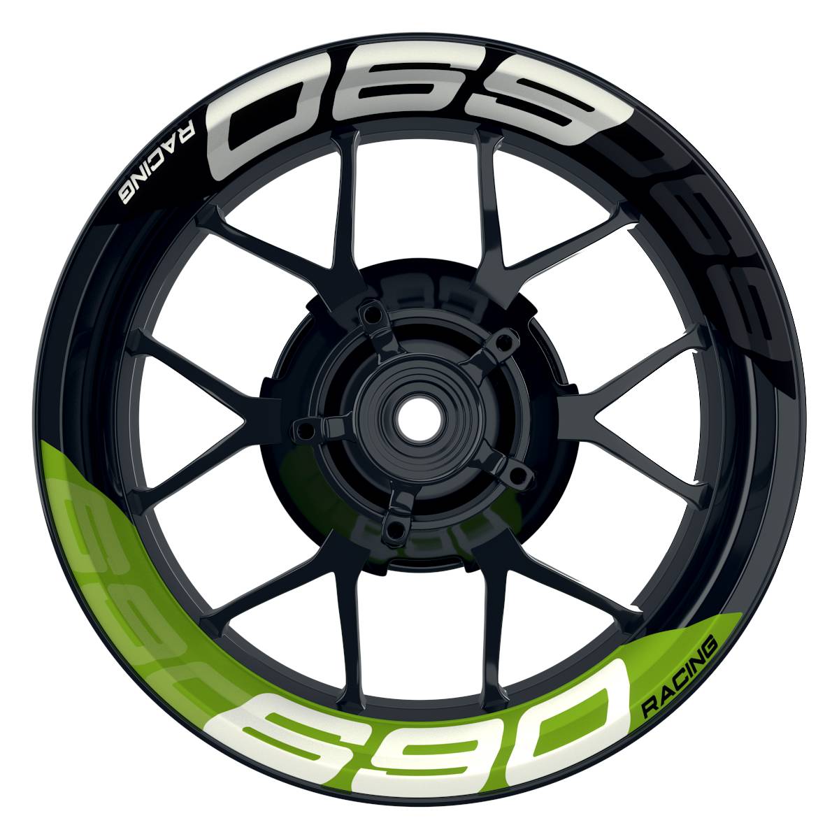 Wheelsticker Felgenaufkleber KTM Racing 690 halb halb V2 schwarz gruen Frontansicht