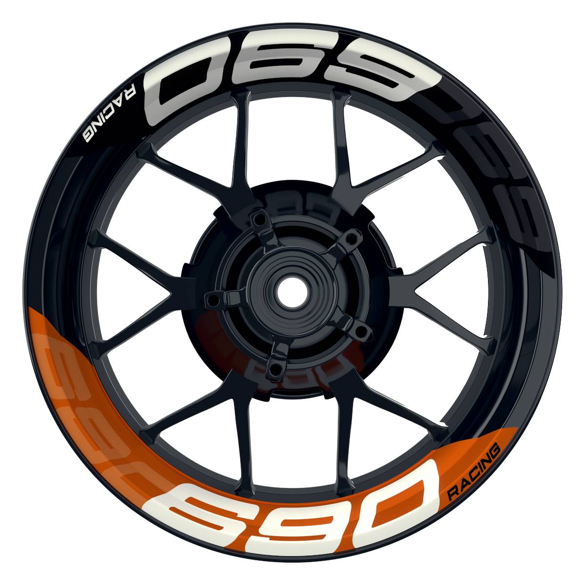 Wheelsticker Felgenaufkleber KTM Racing 690 halb halb V2 schwarz orange Frontansicht