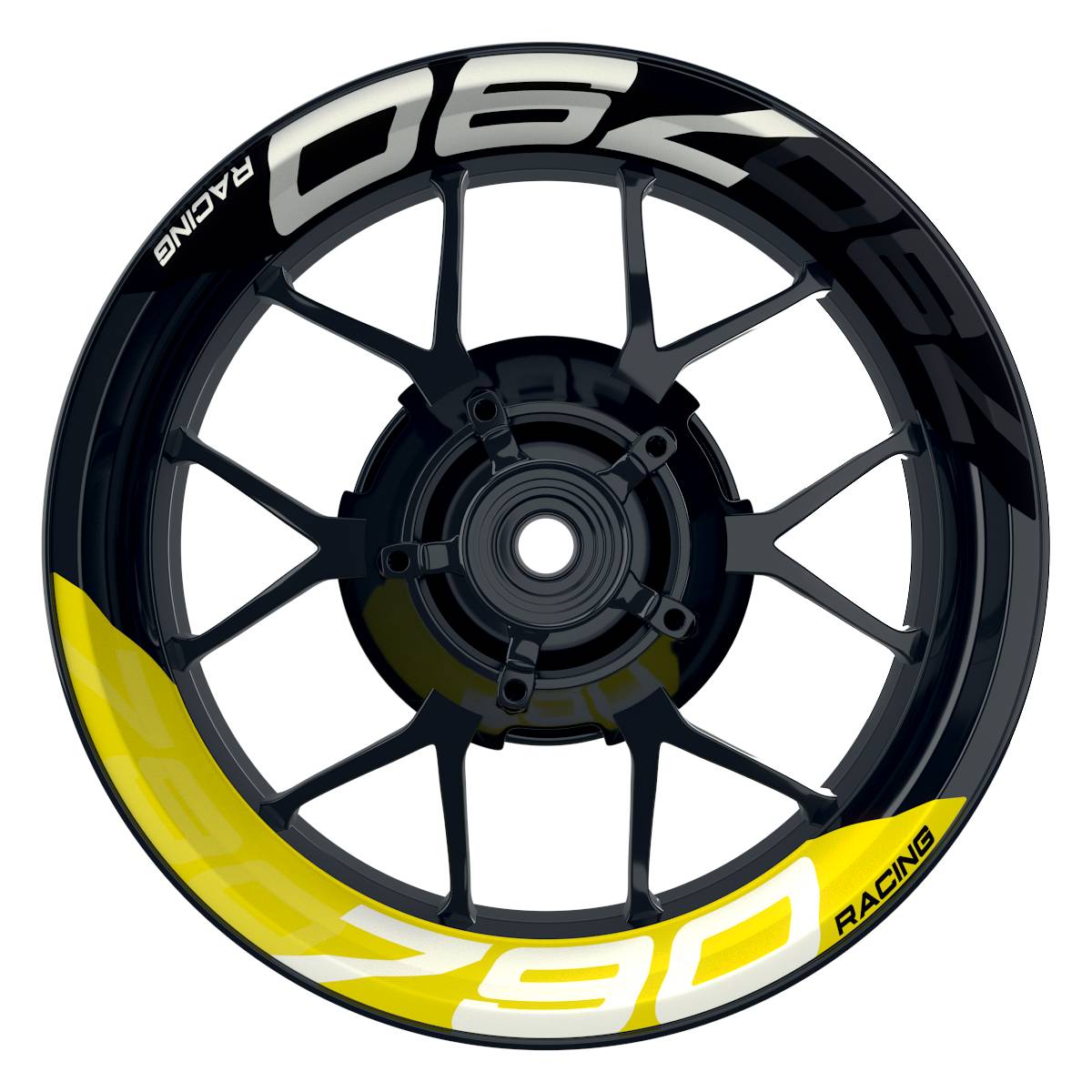 Wheelsticker Felgenaufkleber KTM Racing 790 halb halb V2 schwarz gelb Frontansicht