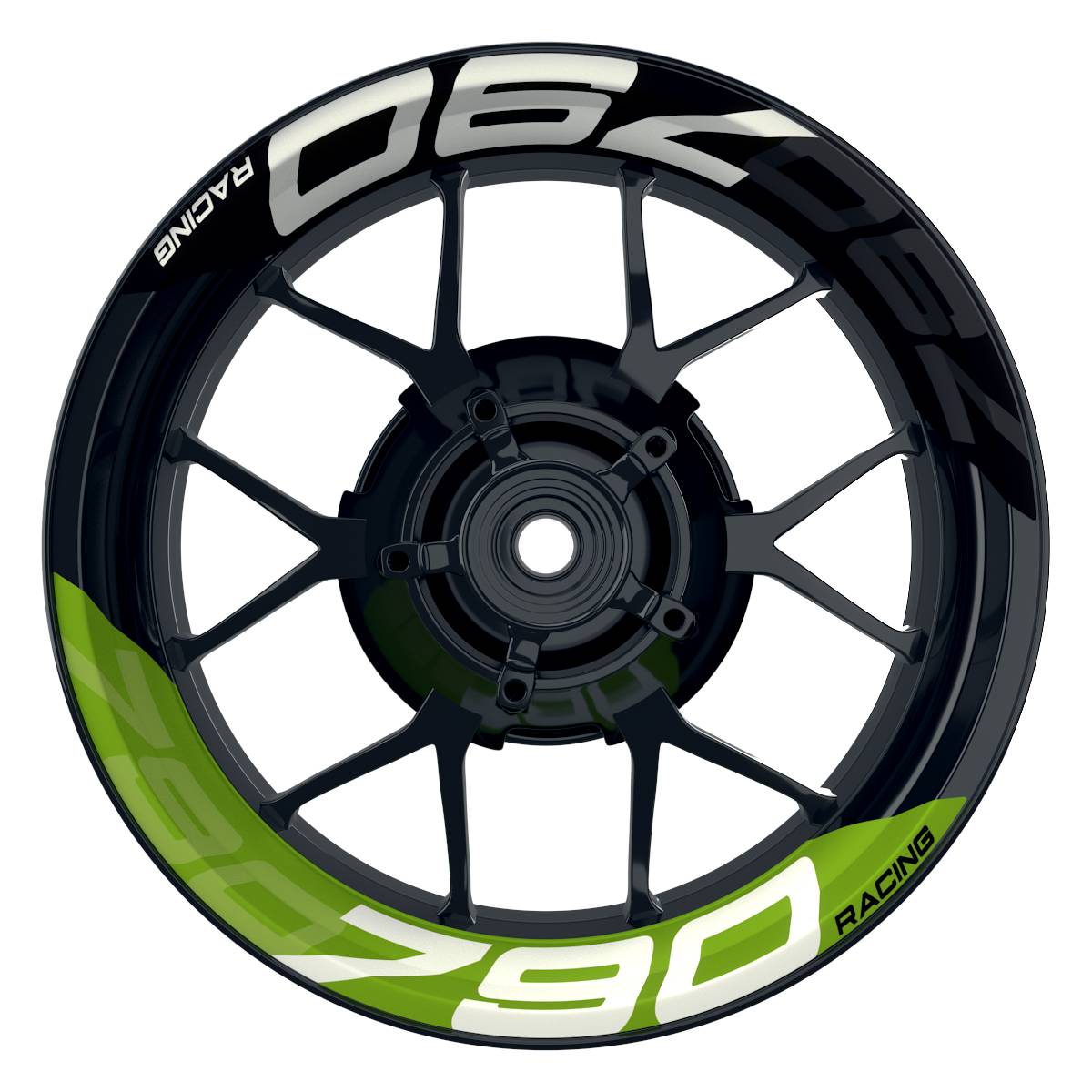 Wheelsticker Felgenaufkleber KTM Racing 790 halb halb V2 schwarz gruen Frontansicht