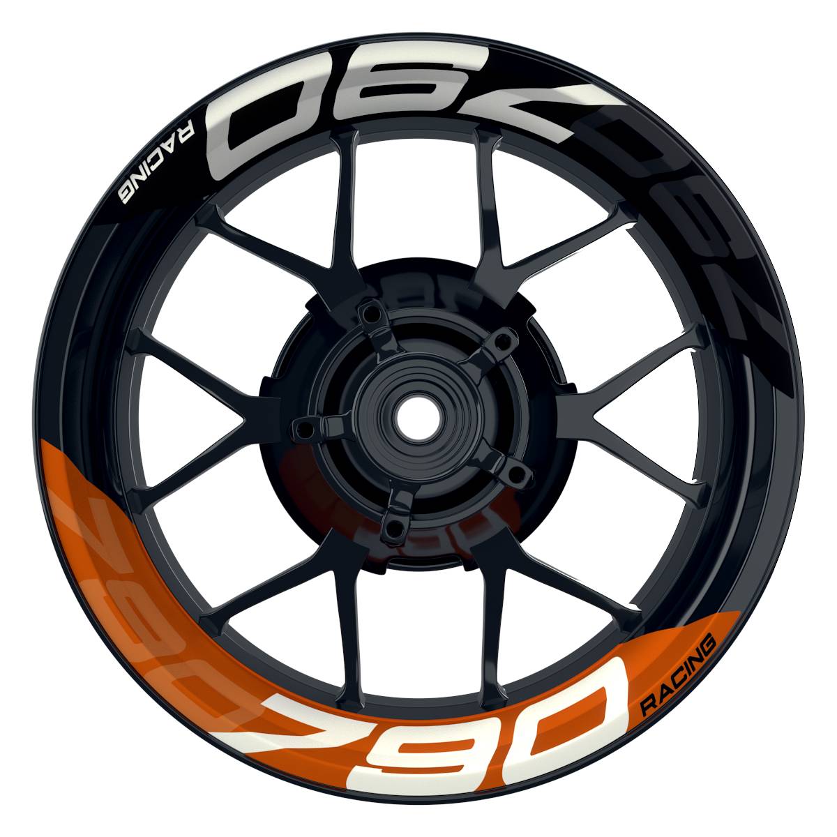 Wheelsticker Felgenaufkleber KTM Racing 790 halb halb V2 schwarz orange Frontansicht
