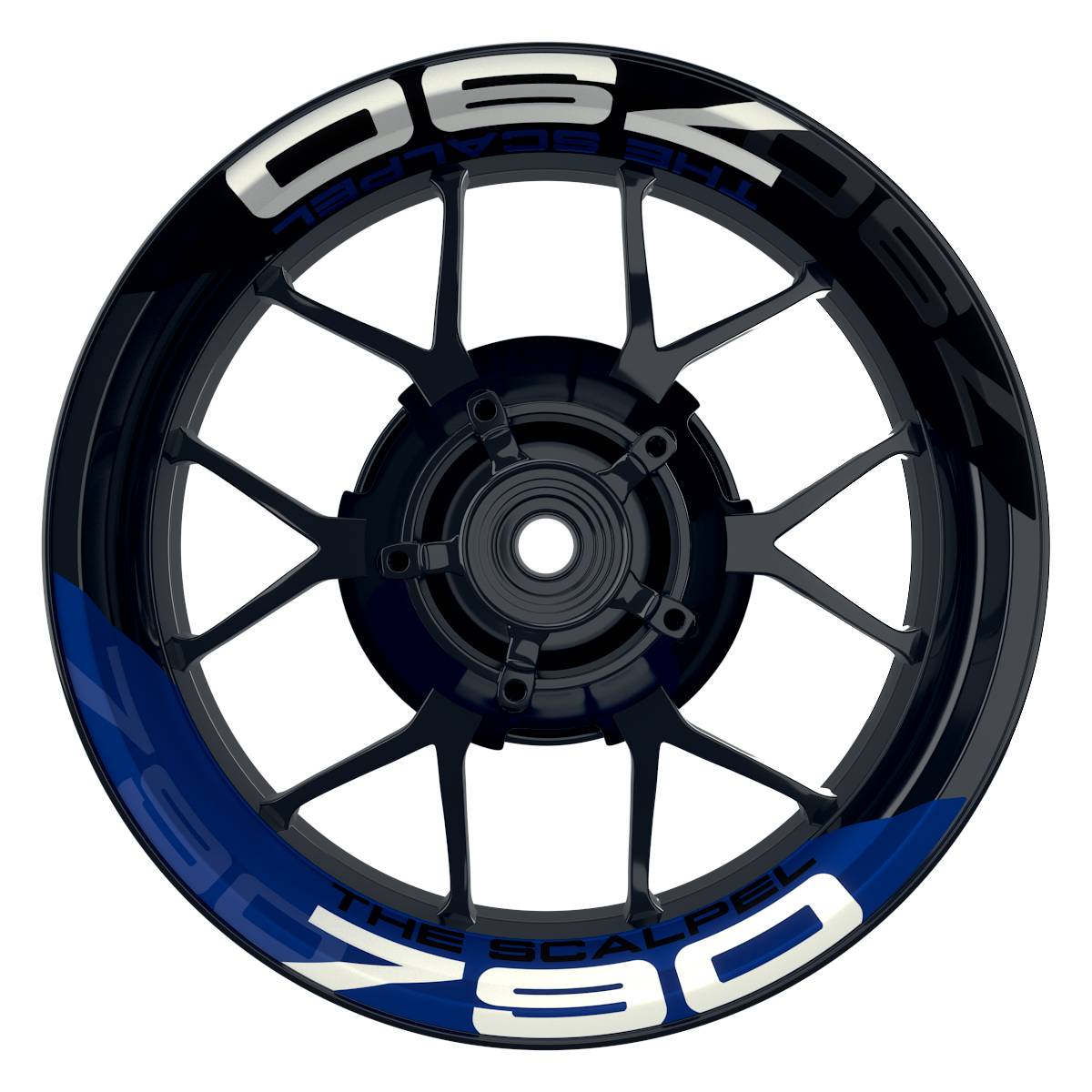 Wheelsticker Felgenaufkleber THE SCALPEL 790 Supermoto halb halb V2 schwarz blau Frontansicht