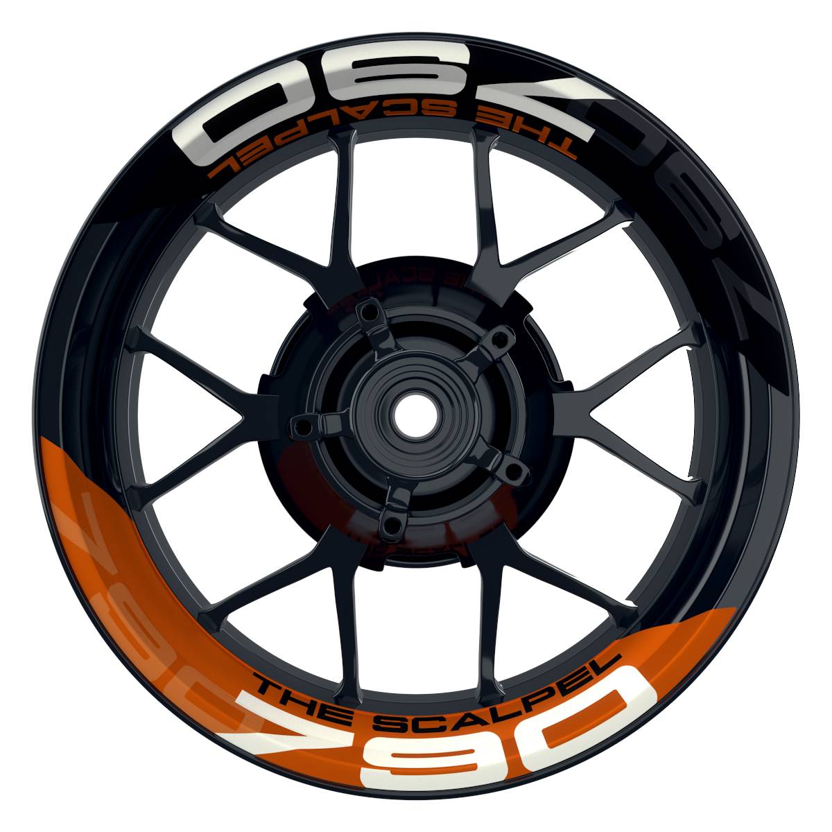 Wheelsticker Felgenaufkleber THE SCALPEL 790 Supermoto halb halb V2 schwarz orange Frontansicht
