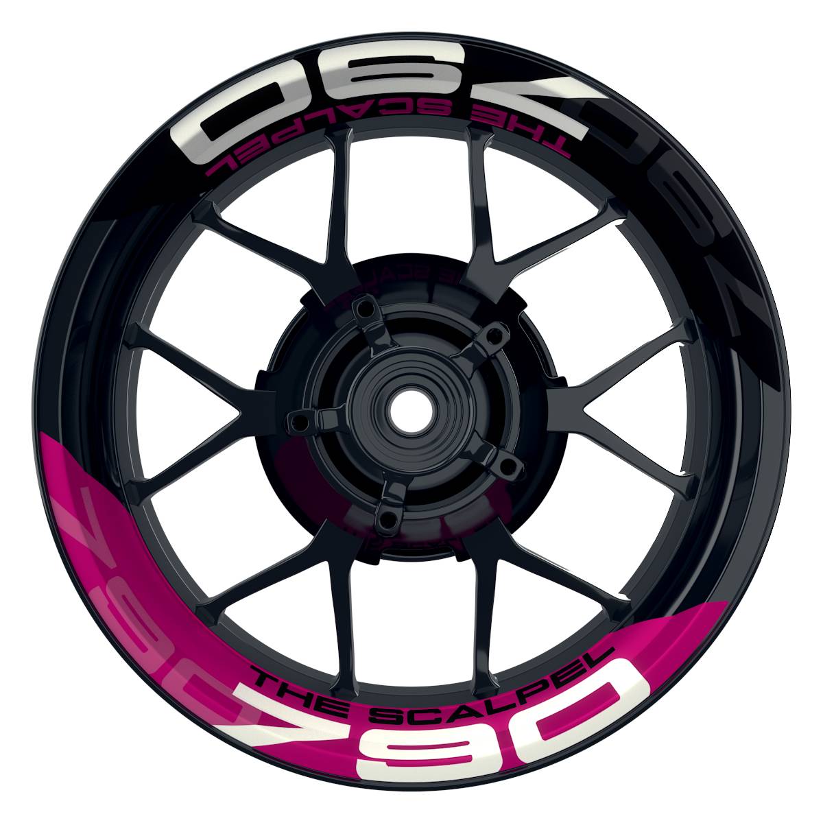 Wheelsticker Felgenaufkleber THE SCALPEL 790 Supermoto halb halb V2 schwarz pink Frontansicht