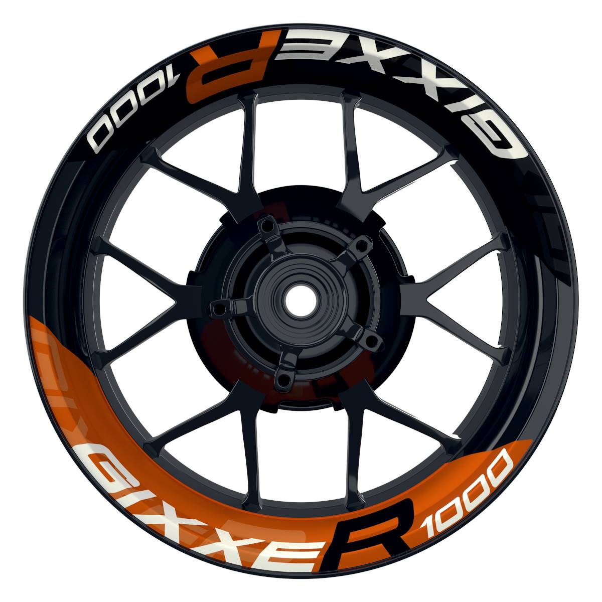 Wheelsticker Felgenaufkleber GIXXER1000 halb halb V2 schwarz orange Frontansicht