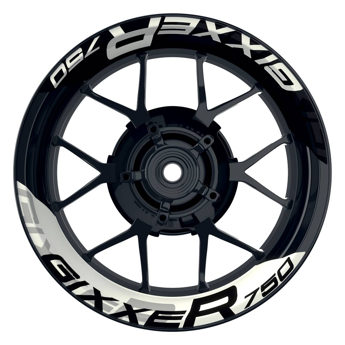 Wheelsticker Felgenaufkleber GIXXER750 halb halb V2 schwarz weiss Frontansicht