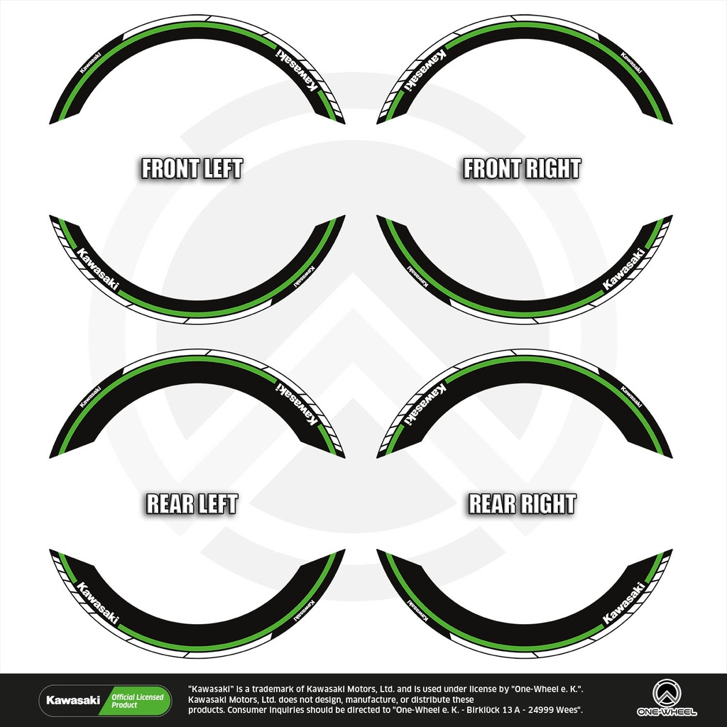 Kawasaki Clean schwarz Komplett Set 2D Ansicht Premium Wheelsticker geteilt
