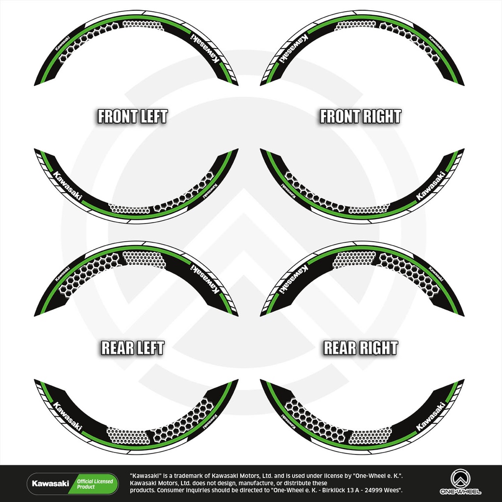 Kawasaki Hexagon schwarz Komplett Set 2D Ansicht Premium Wheelsticker geteilt